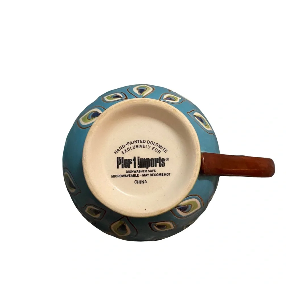 Pier 1 Imports Hand Painted Turquoise Dolomite Peacock‎ Pedestal Coffee/Tea Mug